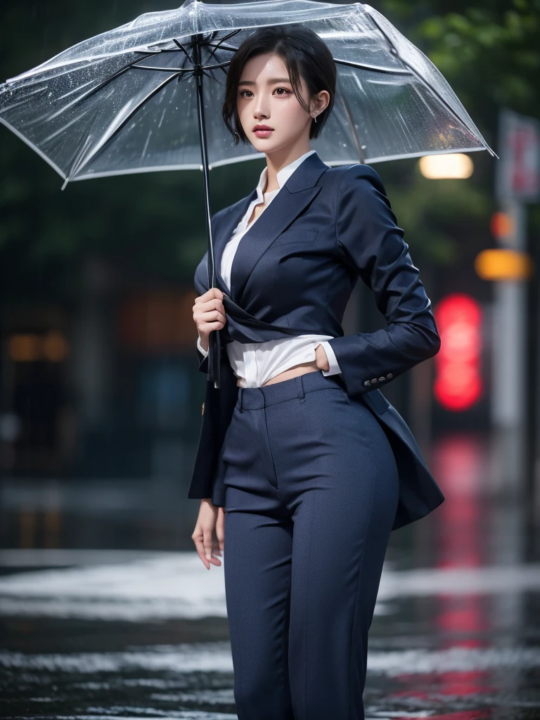exy pose、Hair getting wet in the rain、Mr.々Hair style、ponytail、Short Hair、Loose and fluffy hair、Transparent shirt、Beautiful woman getting wet in the rain、typhoon、Get wet without an umbrella、Beautiful woman in the rain、雨で濡れたBeautyOL、Detailed face、Realistic、beautiful girl、Beauty、Office Lady Uniform、beauty、Beautiful woman、Narrow waist、Handsome woman、Tight pants look、suit、Sexy pose、タイトなsuitパンツ、雨で濡れたsuit、Wet naked shirt、See-through shirt、Shot in heavy rain、Naked shirt