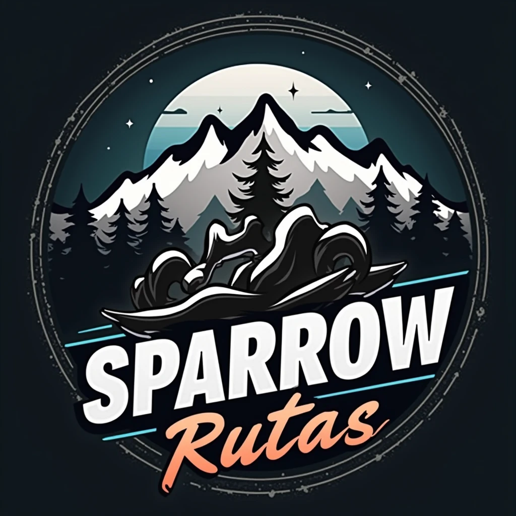 a circular logo , with white border, dark background, With the name "SPARROW RUTAS" in motorutes style , mountain and roblox, logo con borde blanco