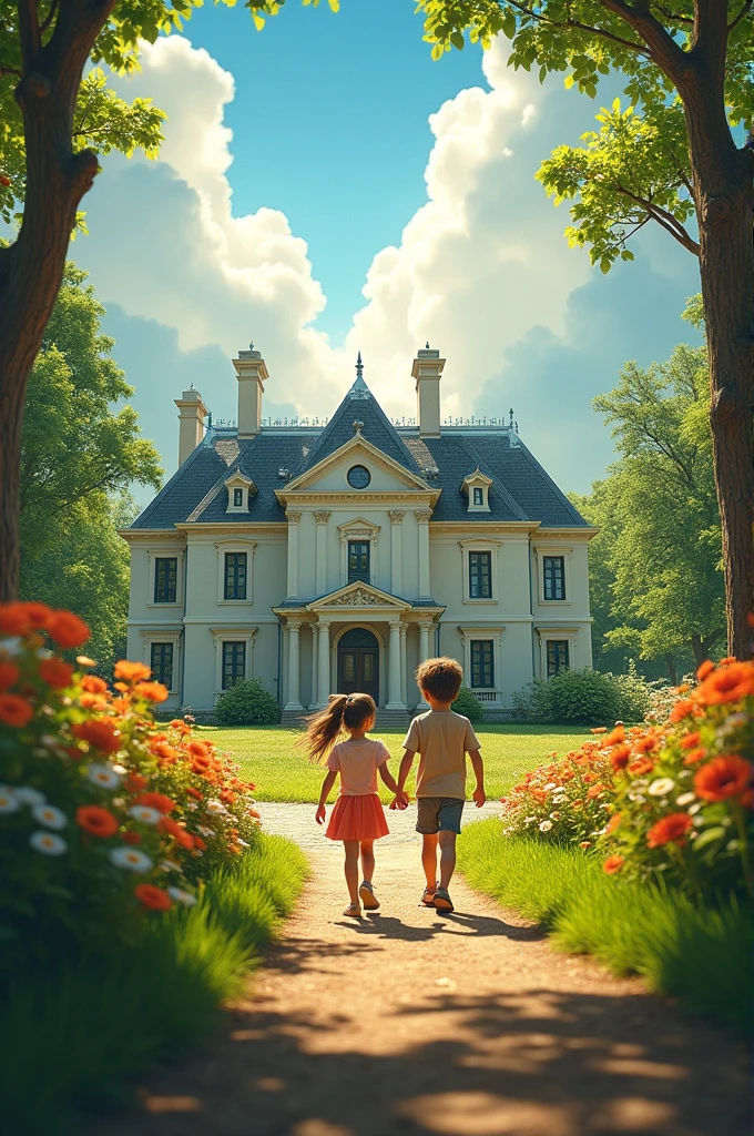 Opening Scene: The video starts with a shot of a beautiful luxury house in the distance, surrounded by lush greenery. The camera slowly zooms in on the house, highlighting its grandeur and elegance.Next Scene: Cut to a wide shot of a boy and a girl standing at a distance, looking at the house with excitement. Both are dressed casually, ready for an adventure. The sun is shining, and the atmosphere is filled with energy.Running Sequence: The boy and the girl start running towards the luxury house, full of joy and enthusiasm. The camera follows them as they sprint through a path lined with trees and flowers. The shot includes various angles: close-ups of their faces showing excitement, wide shots capturing the scenery, and slow-motion shots emphasizing their movement.Arrival at the House: As they reach the house, the camera captures their expressions of awe and wonder. They stop to admire the house, smiling and catching their breath. The video ends with them standing in front of the house, looking at each other with excitement, as the camera slowly zooms out to show the entire scene.Closing: Fade out with a soft, uplifting musical score in the background. End the video with a message on the screen, like "Adventure Awaits" or "Discover the Dream." Genarate a video