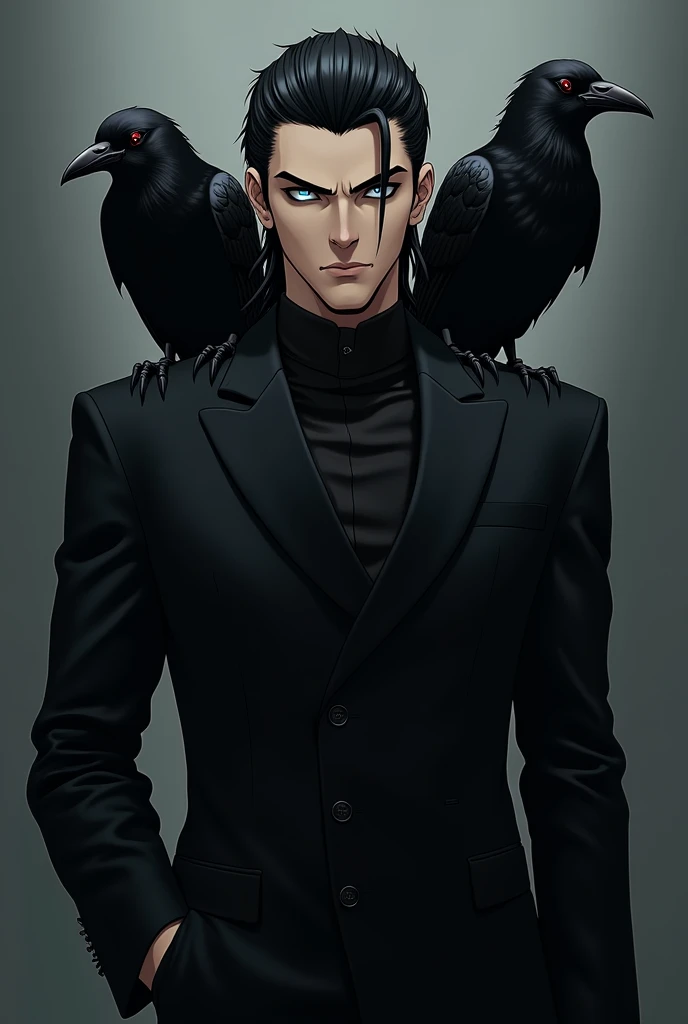 Anime image of a handsome man in black with a mullet hairstyle and two crows sitting on his shoulders.