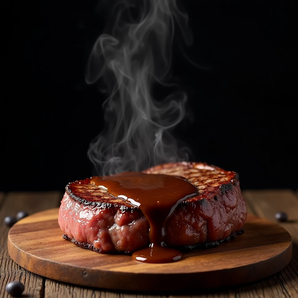 Steak recipe clean picture realistic food, steaming hot, peppercorn sauce on top of the steak and dripping off the side of the steak, on rustic wood floor, placed on a dark background, medium contrast