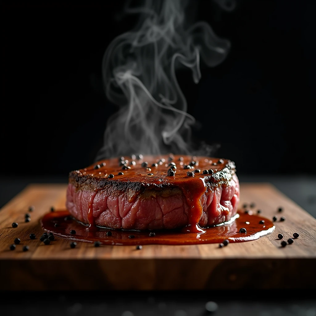 Steak recipe clean picture realistic food, steaming hot, peppercorn sauce on top of the steak and dripping off the side of the steak, on rustic wood floor, placed on a dark background, medium contrast