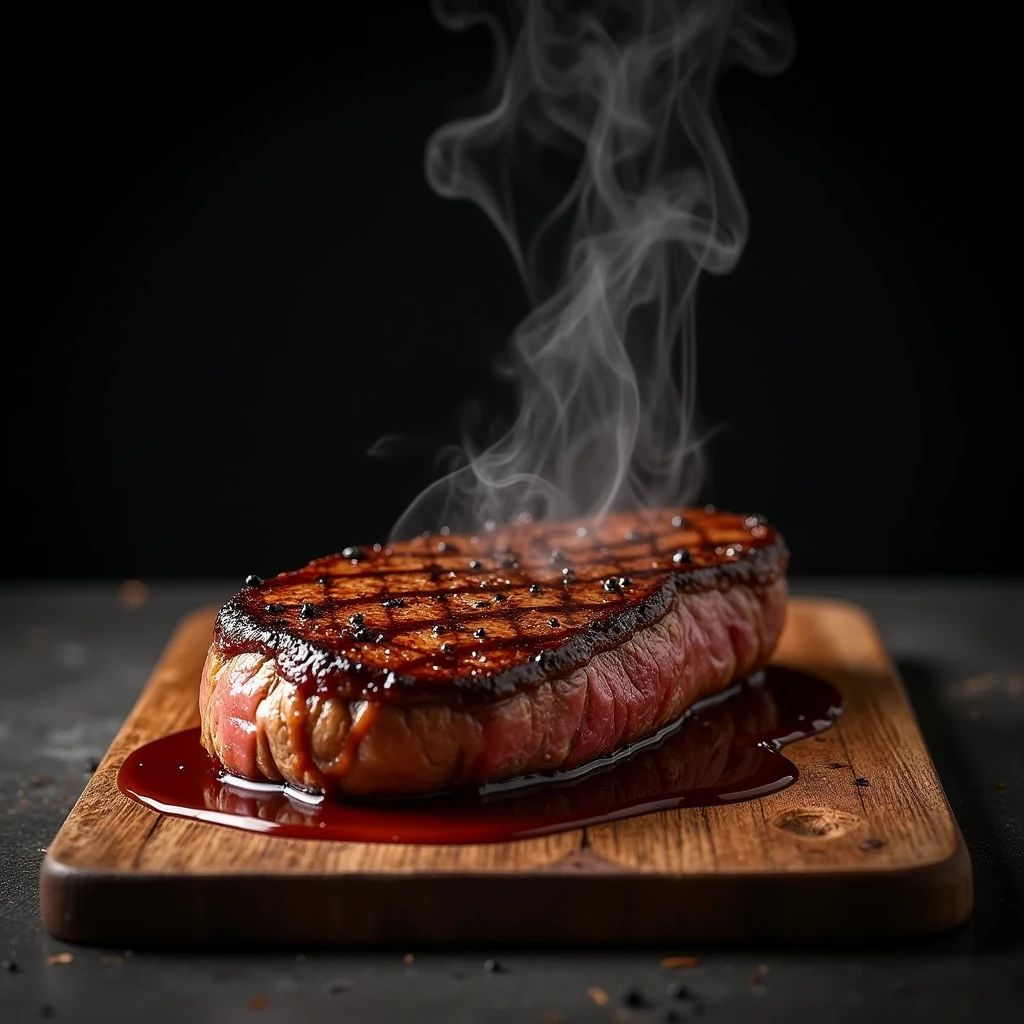 Steak recipe clean picture realistic food, steaming hot, peppercorn sauce on top of the steak and dripping off the side of the steak, on rustic wood floor, placed on a dark background, medium contrast