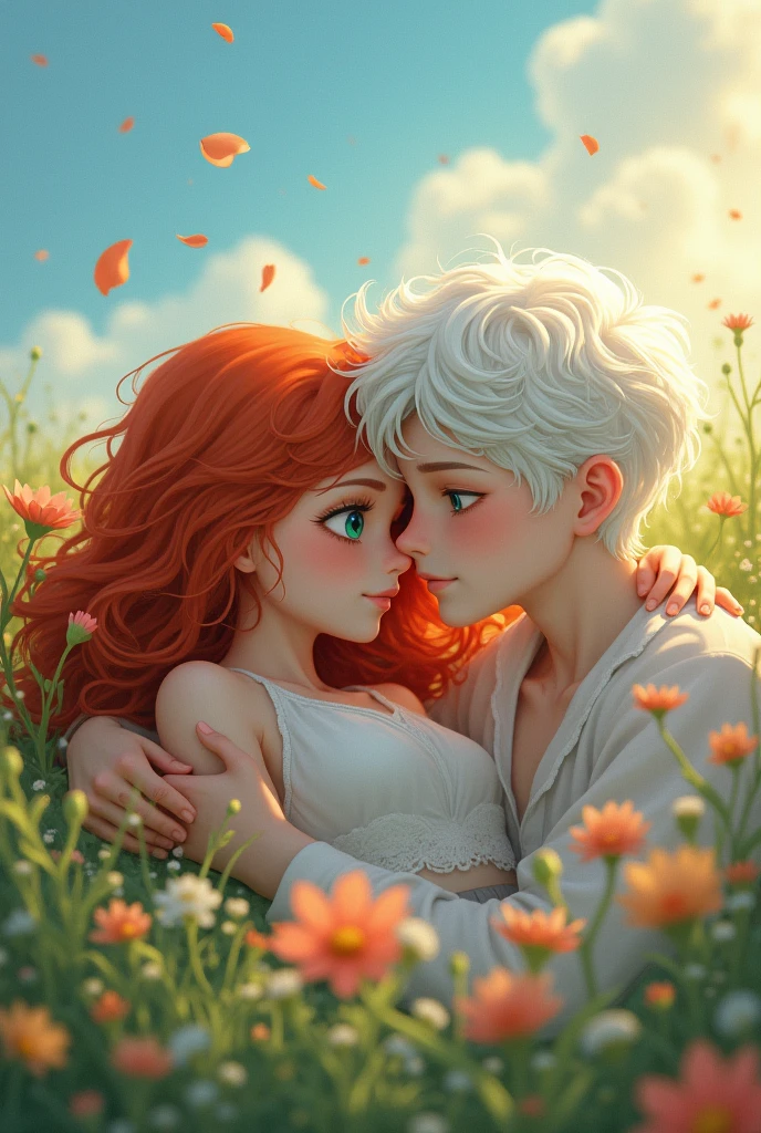 Redhead girl with green eyes lying with a boy with white hair and blue eyes 