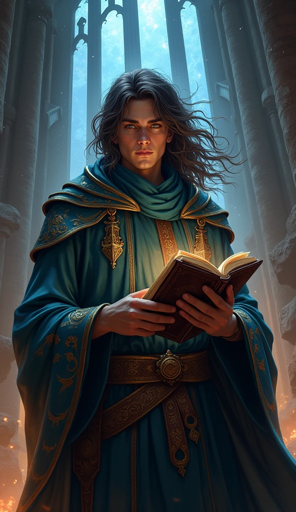 Human male from baldur's gate, best quality, ultra-detailed CG unity 8k wallpaper,       standing, high resolution, dynamic pose, average face, (fancy wizard attire, hazel eyes), depth of field, mage tower setting, night), (high fantasy) (dark brown Hair, long scraggly hair), light skin, holding an ancient tome, (missing right eye:1.5)