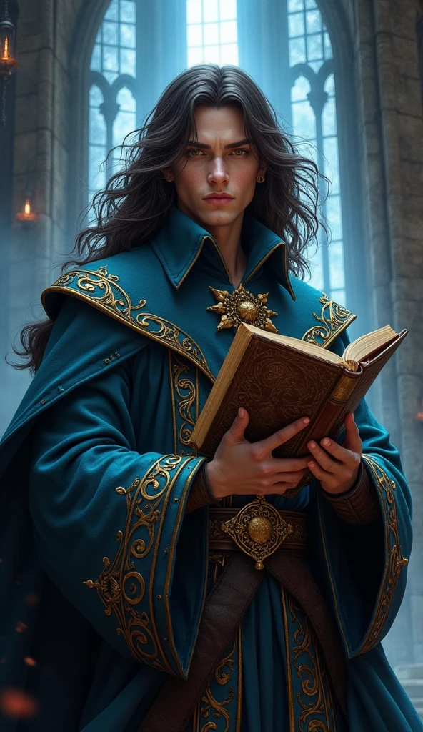 Human male from baldur's gate, best quality, ultra-detailed CG unity 8k wallpaper,       standing, high resolution, dynamic pose, average face, (fancy wizard attire, hazel eyes), depth of field, mage tower setting, night), (high fantasy) (dark brown Hair, long scraggly hair), light skin, holding an ancient tome, (missing right eye:1.5)