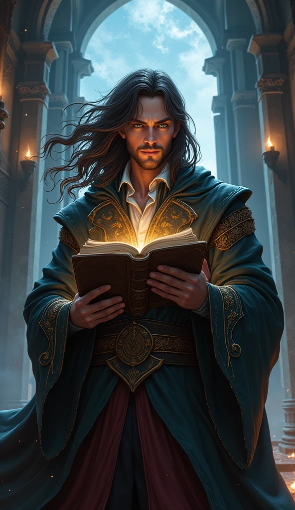 Human male from baldur's gate, best quality, ultra-detailed CG unity 8k wallpaper, standing, high resolution, dynamic pose, average face, (fancy wizard attire, hazel eyes), depth of field, mage tower setting, night), (high fantasy) (dark brown Hair, long scraggly hair), light skin, holding an ancient tome, (missing right eye:1.5)