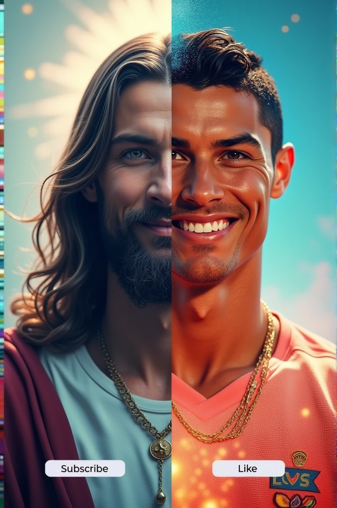 Create a hyper HD quality image with two distinct sides:
Left Side: A serene and vibrant depiction of Jesus looking forward with a gentle smile. Below His image, include a "Subscribe" button.
Right Side: A dynamic and energetic depiction of Cristiano Ronaldo with a broad smile. Below His image, include a "Like" button.
Ensure the images are ultra-high-definition with vivid colors and detailed expressions.