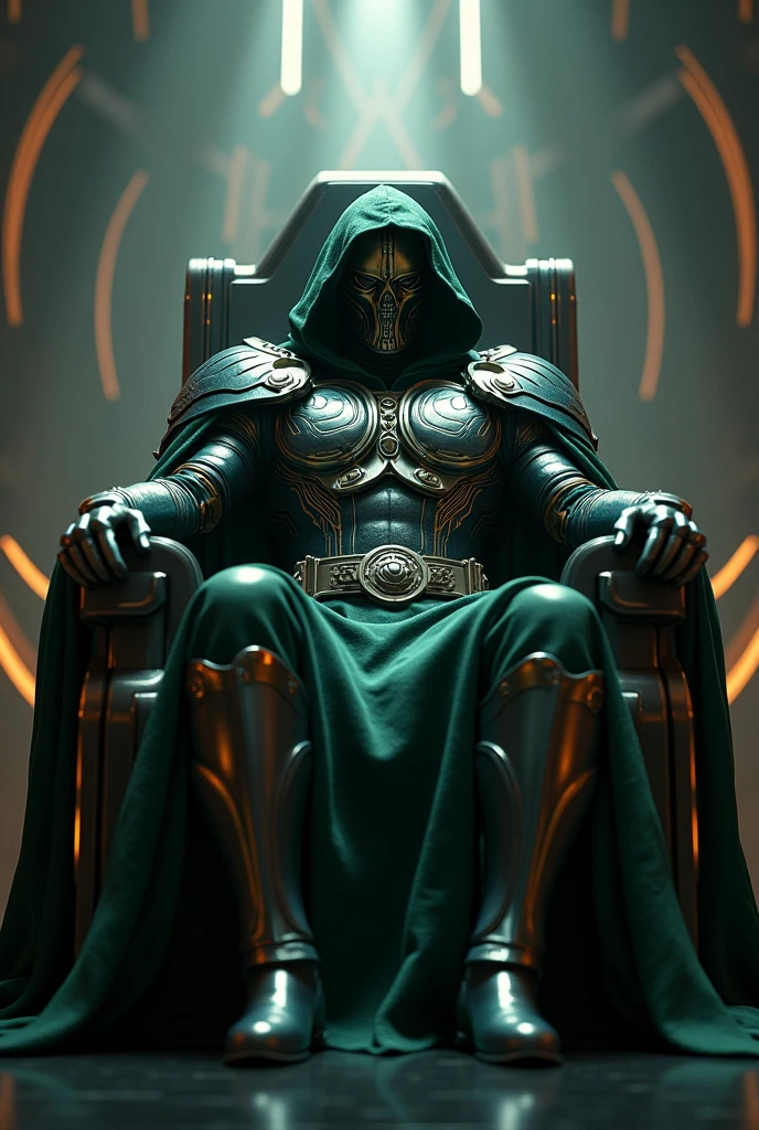 Robert downey junior's Doctor Doom of 2050 , the infamous Marvel Comics supervillain, sits upon his high tech throne, clad in his signature hightech suit of armor, his mask glinting in the dim light of his Latverian castle, as he plots his next move to conquer the world