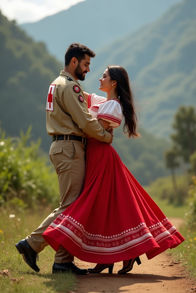 Red Cross volunteer couple, with his field uniform, Dancing Chilean cueca
