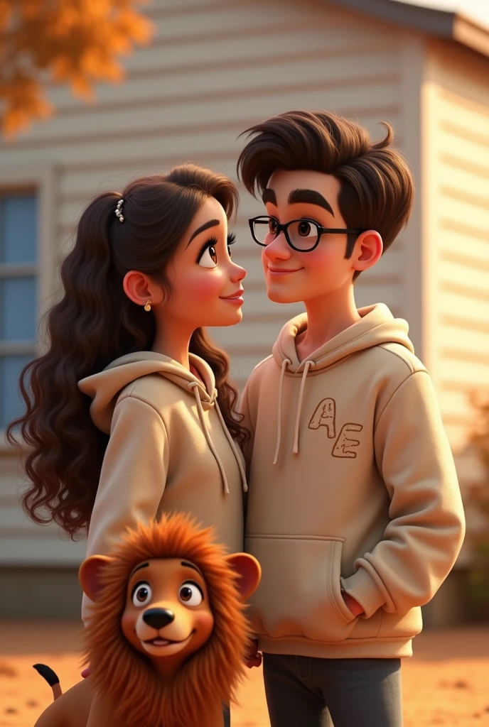 Pixar-style poster of two lovers, in a white house, She is a girl with long brown curly hair , white,  with brown eyes, long eyelashes and small nose, with a round face wearing a beige hoodie with the initials AE small on the right side of the chest; a boy with dark brown hair, with rectangular frame lenses, dark brown eyes, the boy with a small round black earring in one ear big lips wearing a beige sweatshirt with small initials AE on the left side looking into each other&#39;s eyes and a light brown dachshund with a black nose and brown eyes wearing a lion costume.