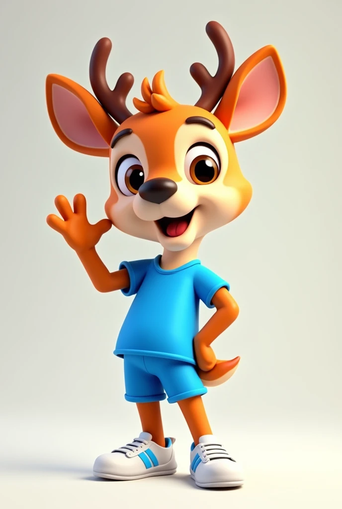 3d cartoon, cartoon of a mascot deer, a mascot deer smiling and waving, blue sports shirt and shorts, sneakers 