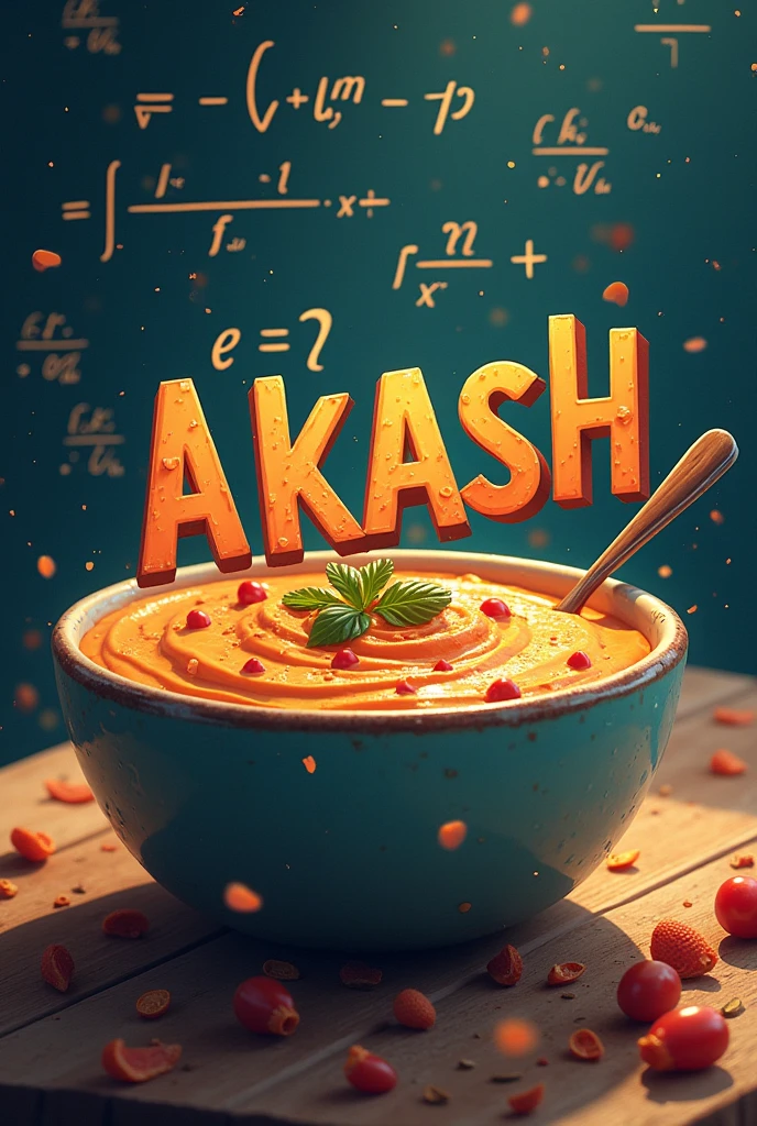 Write the name akash and draw a ranch dip beside it and maths formulae of integration in the background