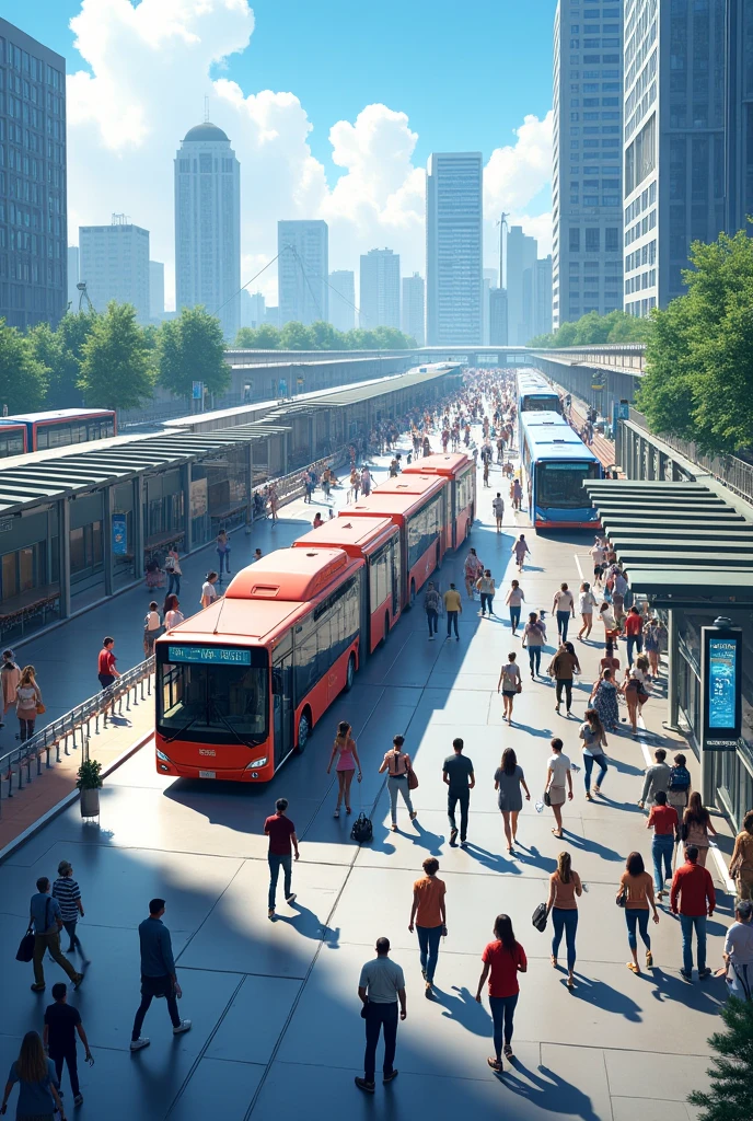 Modern bus system showing its platforms and buses waiting for travelers