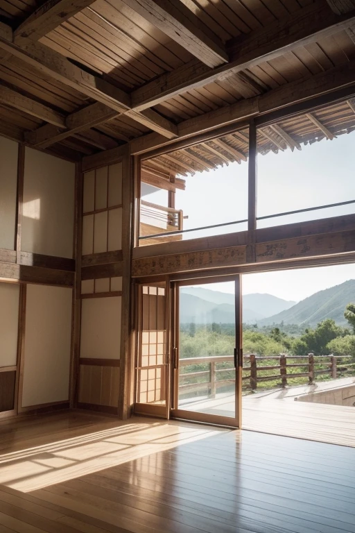 Images of a panoramic view of an architectural design with wabi-sabi elements: textured walls, Natural Wood, and an atmosphere of calm and simplicity. Text on screen: "Discover the beauty in imperfection."
