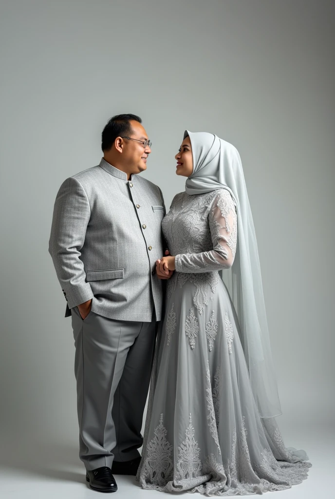 A stout man wearing a short songket coat with a diamond flower pattern in light gray and slacks in gray with a Muslim woman wearing a light gray lace fabric ballgown and wearing a pom pom veil that drapes down to her stomach