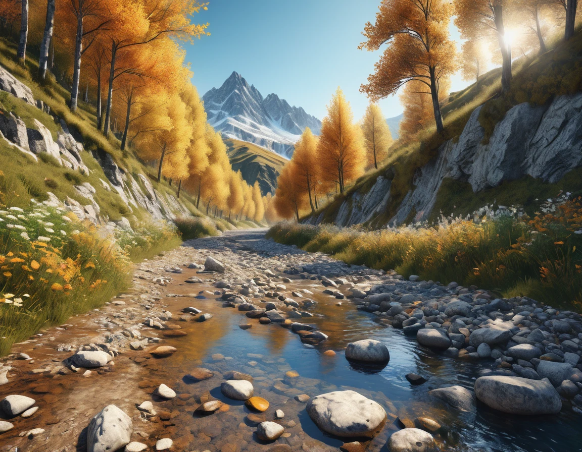 Ground view of a hyperrealistic picturesque dirty road accompanied by leafy autumn trees nestled in a valley encircled by majestic mountains under a clear blue sky, side erosion, stream and small natural mountain water spring, wildflowers, perfect composition landscape, wallpaper art, hyper-realistic style, hyper-maximalism, ulra detailed, delicate,lovable, tiny, best, dynamic composition, magnificent, intense, perfect background, hdr, vray tracing,32k, final render