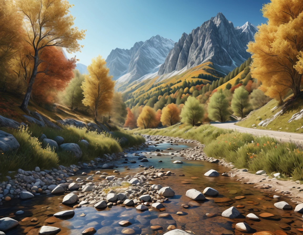 Ground view of a hyperrealistic picturesque dirty road accompanied by leafy autumn trees nestled in a valley encircled by majestic mountains under a clear blue sky, side erosion, stream and small natural mountain water spring, wildflowers, perfect composition landscape, wallpaper art, hyper-realistic style, hyper-maximalism, ulra detailed, delicate,lovable, tiny, best, dynamic composition, magnificent, intense, perfect background, hdr, vray tracing,32k, final render