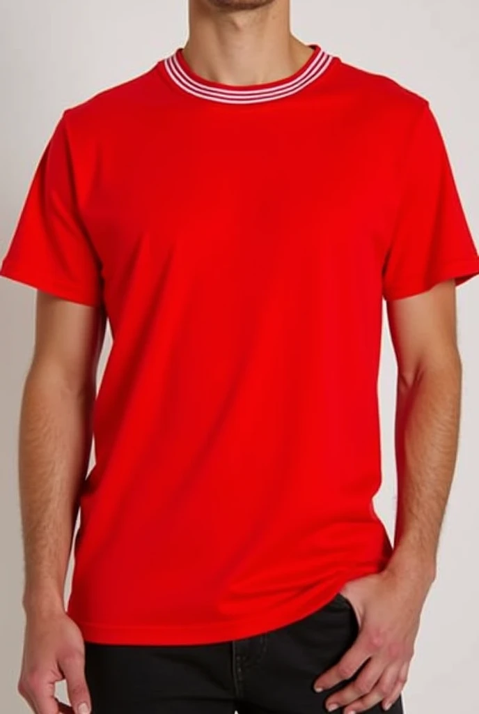 Half neck t-shirt with full red color and add two white color line in neck