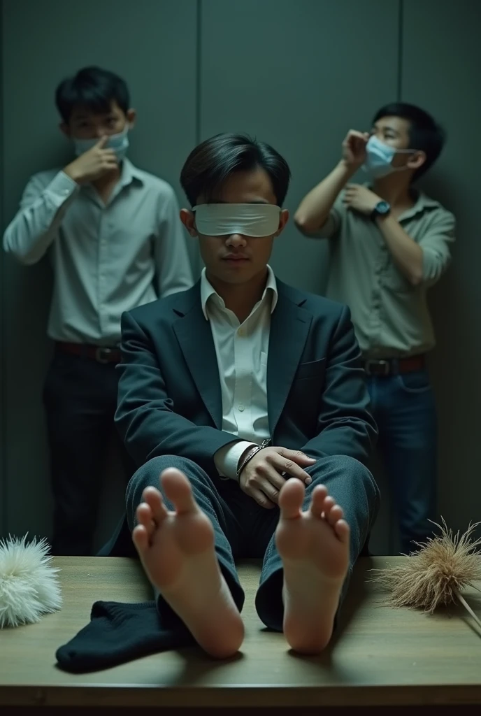 Malaysia malay handsome 23years student
He confuse
Smelly feet
His hand handcuff in abondon warehouse
Blindfolded
handcuff
Formal Outfit
Focus sweaty hot feet on desk
feather duster on desk
Dirty Black sock on desk
2 mafia pinch nose
