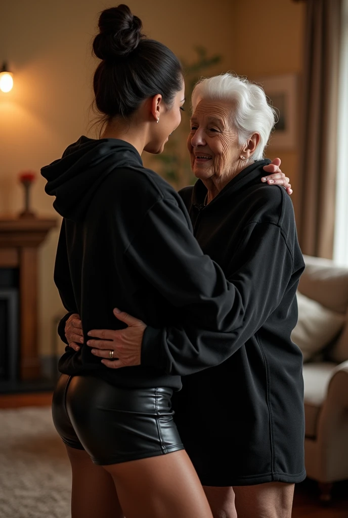 black woman hair in a bun black hoodie black leather short shorts getting fucked in the ass by a old age white grandma in a dress in a living room 
