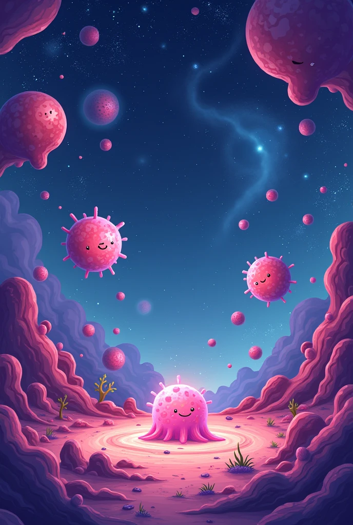 A simple, beautiful, cool, pink , cartoon book cover for eukaryotic cells , space for book name in the middle 