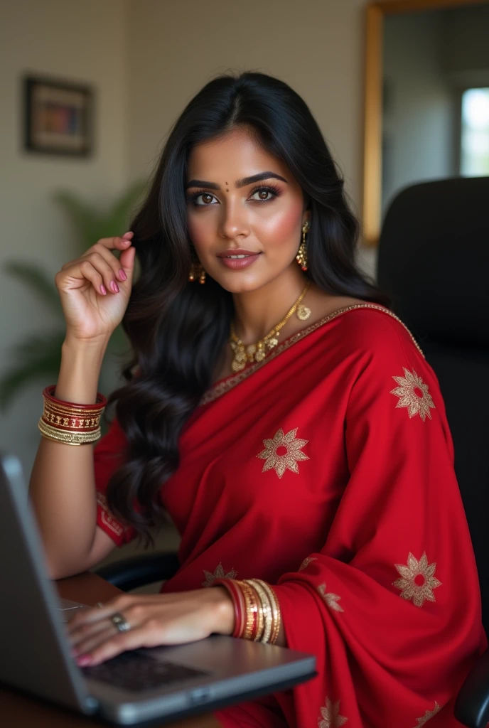 A beautiful Indian women , age 25 , body shape is fat, weared red saree , bangel in hand , sitting in office on moving chair with laptop