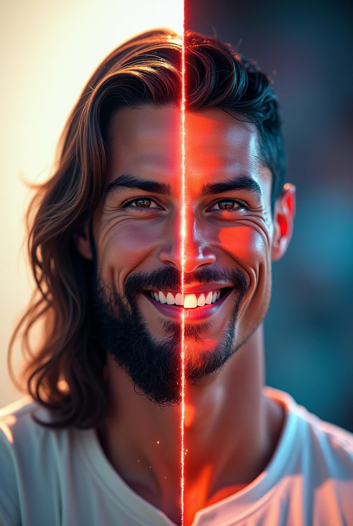 Create a hyper HD quality image with two distinct sides:
Left Side: A serene and vibrant depiction of Jesus looking forward with a gentle smile. Below His image, include a "Subscribe" button.
Right Side: A dynamic and energetic depiction of Cristiano Ronaldo with a broad smile. Below His image, include a "Like" button.
Ensure the images are ultra-high-definition with vivid colors and detailed expressions.