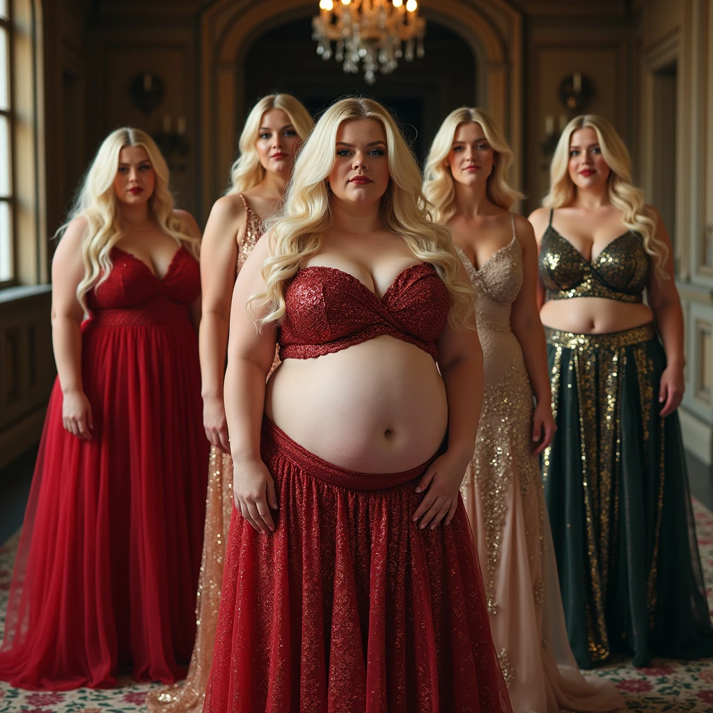 Five plus size model women have a lot of fat on their stomachs and buttocks and weigh 150kg, they gained weight by eating too much, they are blonde haired obese women with very big stomachs and buttocks, they are plus size models and their whole body is covered with a lot of fat, they are photoshooting in an old castle wearing glittering and gorgeous dresses for the promotion of a high-end brand of formal wear, 4K quality