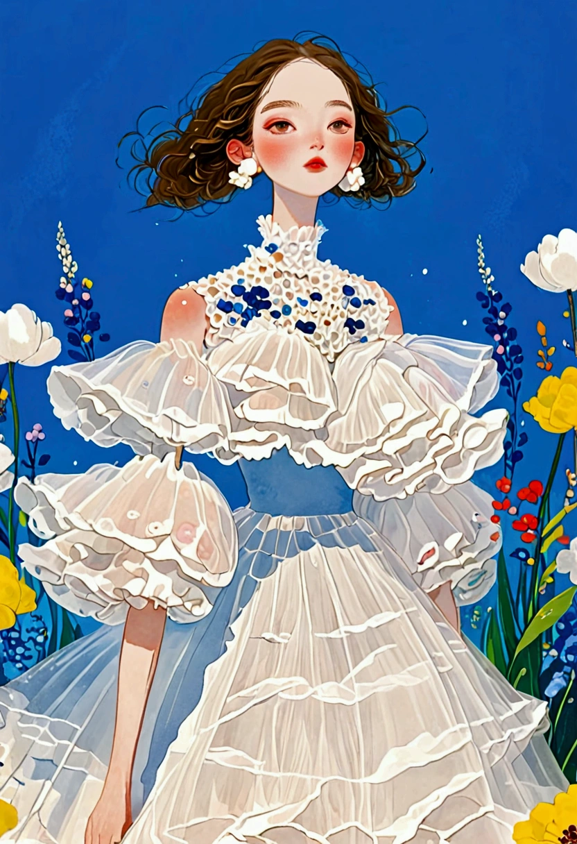 Fashion Designillustration，The painting shows a girl in a dress，Fluffy tulle skirt，White Tulle Skirt - Fluffy - Multi-layered，Dress inspired by flowers - flower shape， Popular trends on artstration, A beautiful art illustration, Beautiful digital illustrations, Color illustration, author：Golden Farmer, Detailed fashion illustration, Porcelain skin. Studio Ghibli, illustration, Mei Qing, Colorfull illustration, Fantasy illustrations, author：unbelievable，Blue Background，White Cloud