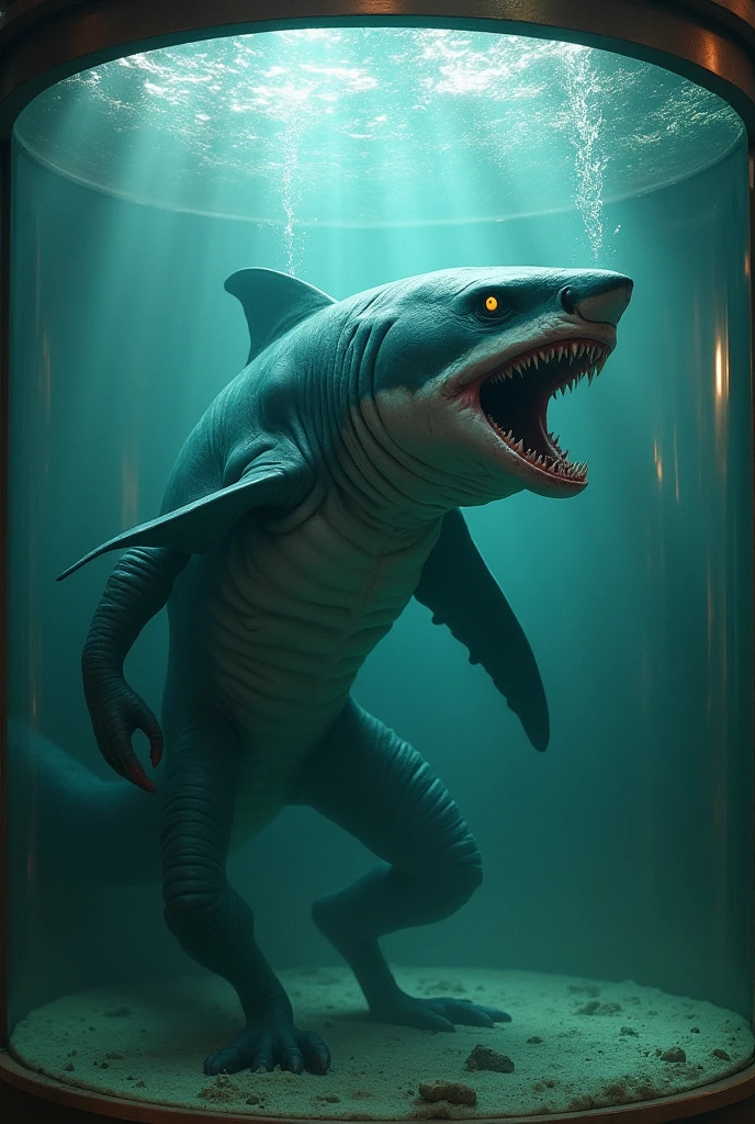 Illustration of a female shark monster devouring its prey、Shark-like body、(She has shark scales all over her body:1.5)、The skin except the scales is white、Open your big mouth、Sharp fangs、Shark dorsal fin、Her body is powerful and impressive、Ferocious and、Atrocious and、wicked、Ferocious、Highlight the strength and charm of characters with shark traits、Swim in the deep sea、Full body