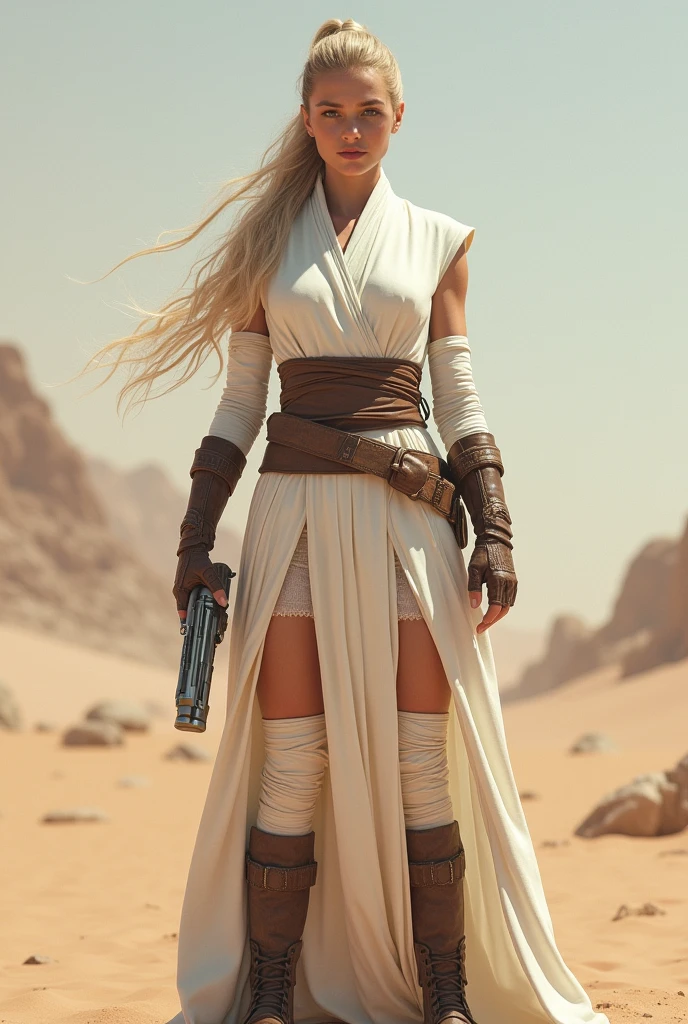 Beautiful, white, female, young woman, long blonde hair tied into a tight ponytail, wearing white Jedi robes, arms wrapped in white bandages, wearing brown fingerless leather gloves, legs wrapped in white bandages, wearing brown leather boots, holding a futuristic metal pistol in one hand and a lightsaber in the other hand, standing in a desert, viewed from the front