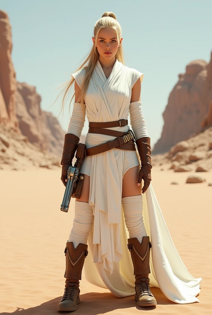 Beautiful, white, female, young woman, long blonde hair tied into a tight ponytail, wearing white Jedi robes, arms wrapped in white bandages, wearing brown fingerless leather gloves, legs wrapped in white bandages, wearing brown leather boots, holding a futuristic metal pistol in one hand and a lightsaber in the other hand, standing in a desert, viewed from the front