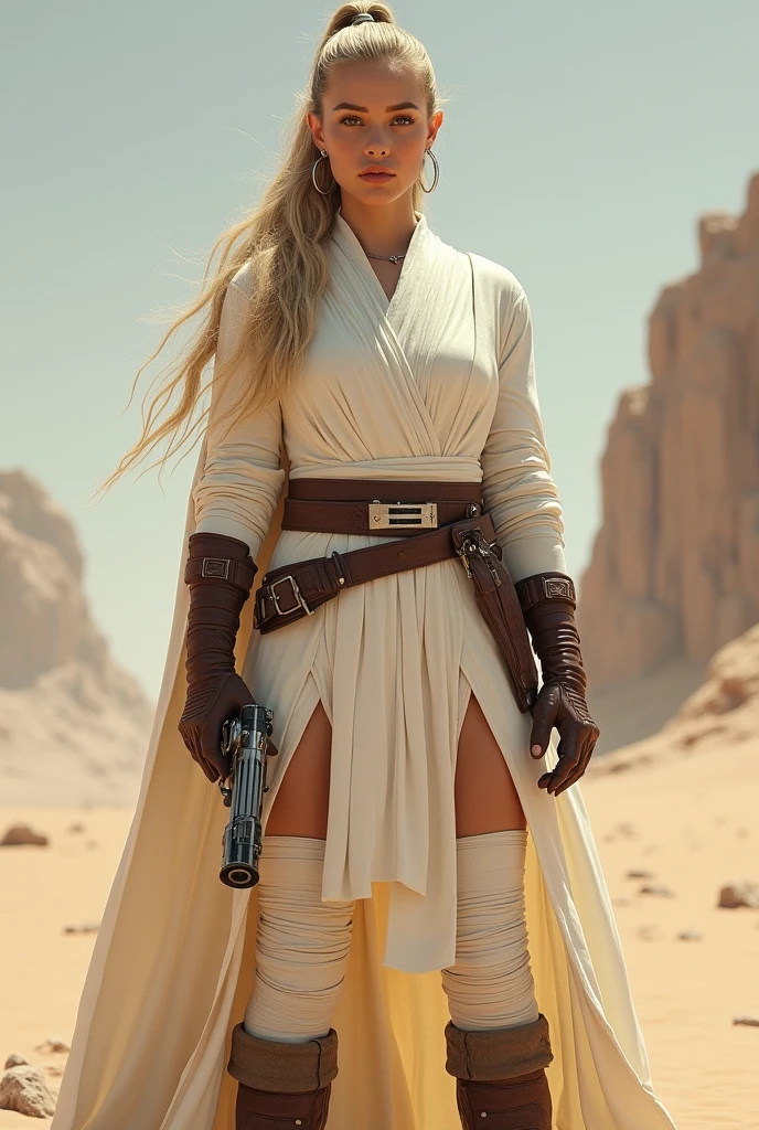 Beautiful, white, female, young woman, long blonde hair tied into a tight ponytail, wearing white Jedi robes, arms wrapped in white bandages, wearing brown fingerless leather gloves, legs wrapped in white bandages, wearing brown leather boots, holding a futuristic metal pistol in one hand and a lightsaber in the other hand, standing in a desert, viewed from the front