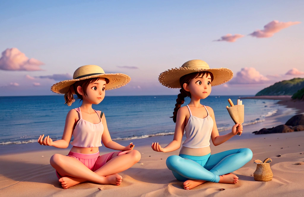 A serene sunrise beach scene. A woman with fair skin and her hair neatly tied in a high bun, dressed in a pink spaghetti strap top and knee-length blue leggings, is sitting on the sand in a meditative yoga pose, facing the vast ocean. The early morning sun, visible in the distance, casts a gentle golden glow on the calm waves. Behind her, a young boy plays with sand. Next to her, there is a small woven basket with a bouquet of white baby's breath flowers, a notebook, and a straw hat. In the background, green mountains line the horizon, with a few seagulls flying gracefully in the sky above the sea. The image is aspect ratio, capturing the full expanse of the beach and the sunlight reflecting off the water.