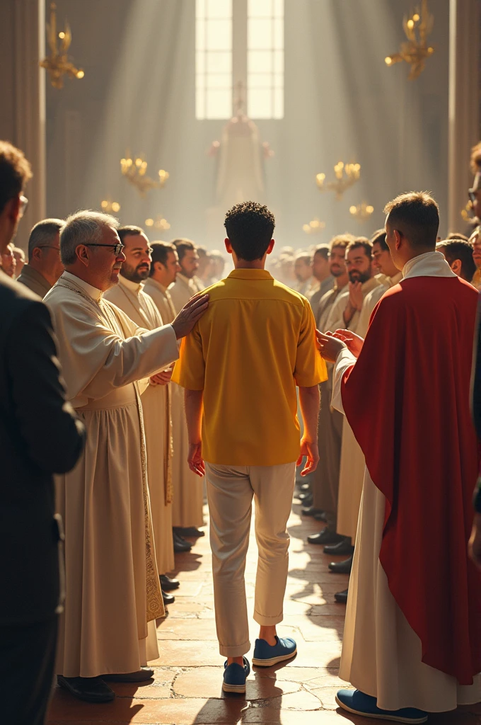 "The medium height, medium build white man with short, curly black hair, white skin, brown eyes, and a goatee is entering the church, wearing a yellow dress shirt, white pants, and blue sneakers. The church is packed with people, all eyes fixed on him. As he approaches the altar, he is being crowned by the Pope, who stands in solemnity. The atmosphere is one of reverent celebration, with the congregation witnessing the significant and solemn moment."