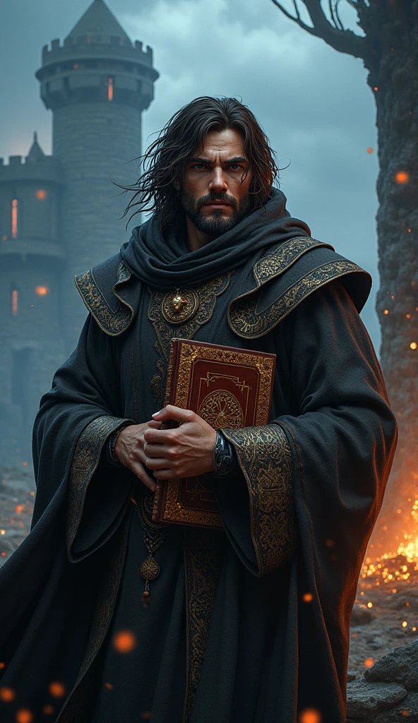 Human male from baldur's gate, best quality, ultra-detailed CG unity 8k wallpaper, standing, high resolution, dynamic pose, average face, (fancy wizard attire, hazel eyes), depth of field, mage tower setting, night), (high fantasy) (dark brown Hair, long scraggly hair), light skin, holding an ancient tome, (empty right eye socket:1.5)