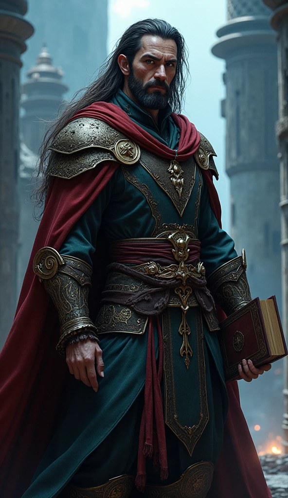 Human male from baldur's gate, best quality, ultra-detailed CG unity 8k wallpaper,       standing, high resolution, dynamic pose, average face, (fancy wizard attire, hazel eyes), depth of field, mage tower setting, night), (high fantasy) (dark brown Hair, long scraggly hair), light skin, holding an ancient tome, (empty right eye socket:1.5)