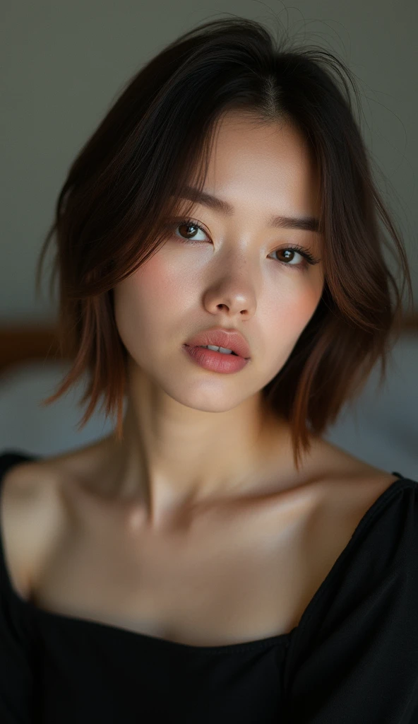 A close-up realistic of a woman with short straight brown hair, neutral expression, and natural makeup, set against a solid bedroom background. The woman is wearing a black top, and her gaze is directly looking left on the camera. The image captures fine details in her face and hair, with soft lighting emphasizing her features.