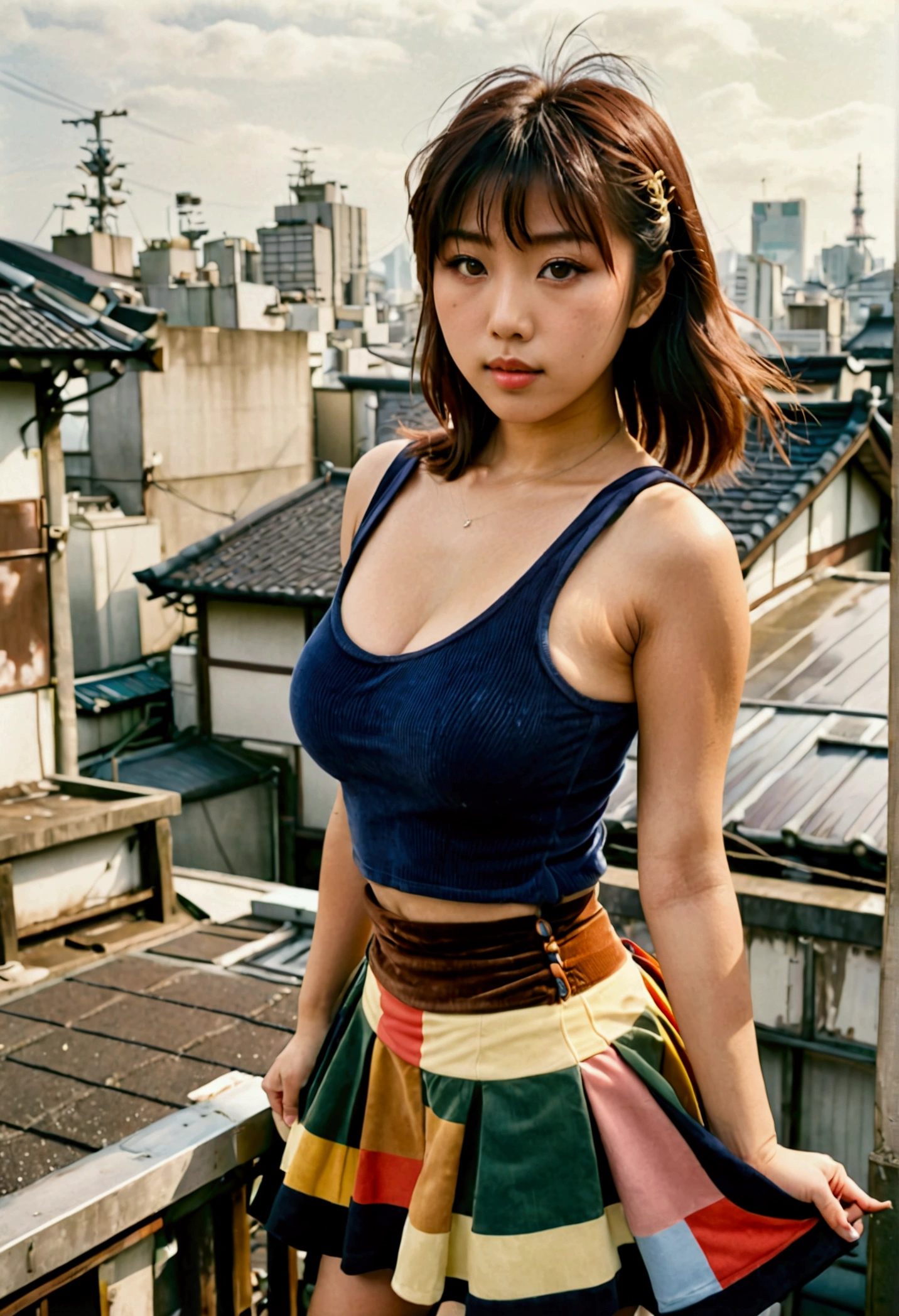 Polaroid of a Japanese woman, 18-years-old, long, amazonian stature, athletic hourglass figure, busty breasts, narrow waist, full wide hips, big round buttocks, wearing a tank top and a corduroy skirt, tan complexion, amber eyes, dark hair, thick shaggy bangs, posing on a foggy Tokyo rooftop