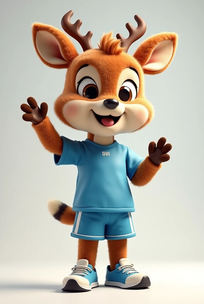 3d cartoon, realistic cartoon of a mascot deer, a furry mascot deer smiling and waving, blue sports shirt and shorts, sneakers