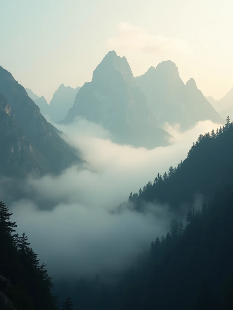 A fog-covered mountain ridge at dawn, with the dense forested slopes and rugged peaks shrouded in a blanket of mist. The early morning light softly illuminates the scene, highlighting the dramatic contrasts between the dark, dense forest and the light, swirling fog. Captured with a hazel-colored mirrorless camera and a telephoto lens, the deep focus brings out the intricate details and textures of the fog and forest, enhancing the overall sense of mystery and drama