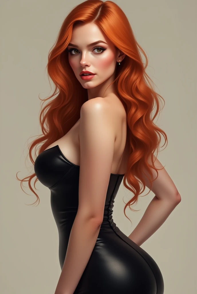 An attractive young woman with fair skin and long red hair, Cao Cao. She is posing for a photo. Her brown eyes are warm and light with a confident expression. She is wearing a mermaid dress. Her body is curvy, with full lips, wide hips and a slim waist.