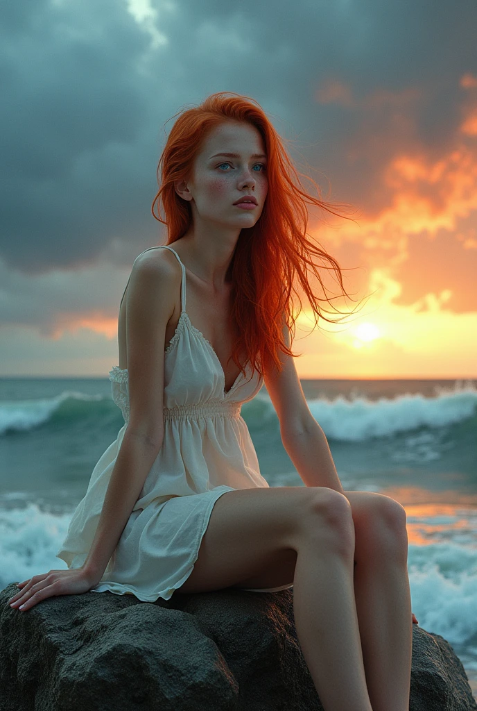 (photorealism:1.2), photographic portrait of a beautiful young slim woman with red hair blowing in the wind and blue eyes, with pale complexion and a little freckles on the face, sitting on a rock washed by the sea waves, by a very rough sea at sunset with colorful light clouds and lightning bolts in the sky, with a white dress and intense look