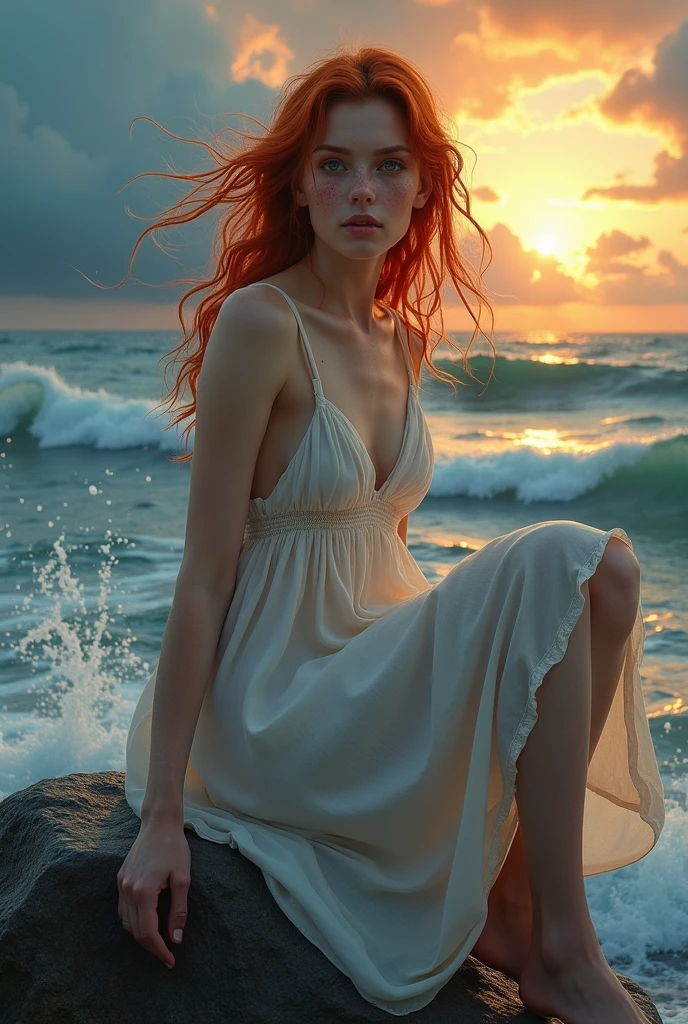 (photorealism:1.2), photographic portrait of a beautiful young slim woman with red hair blowing in the wind and blue eyes, with pale complexion and a little freckles on the face, sitting on a rock washed by the sea waves, by a very rough sea at sunset with colorful light clouds and lightning bolts in the sky, with a white dress and intense look