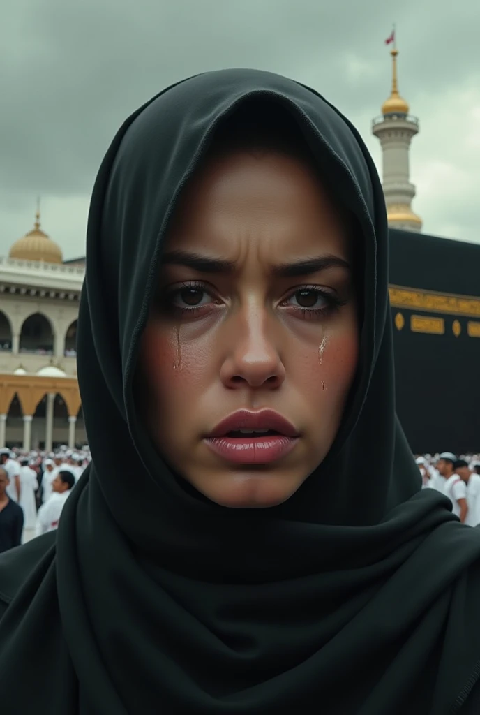 image of a woman wearing a hijab crying sadly with thick lips with a Mecca background