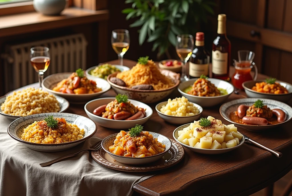 a table with various dishes from German cuisine