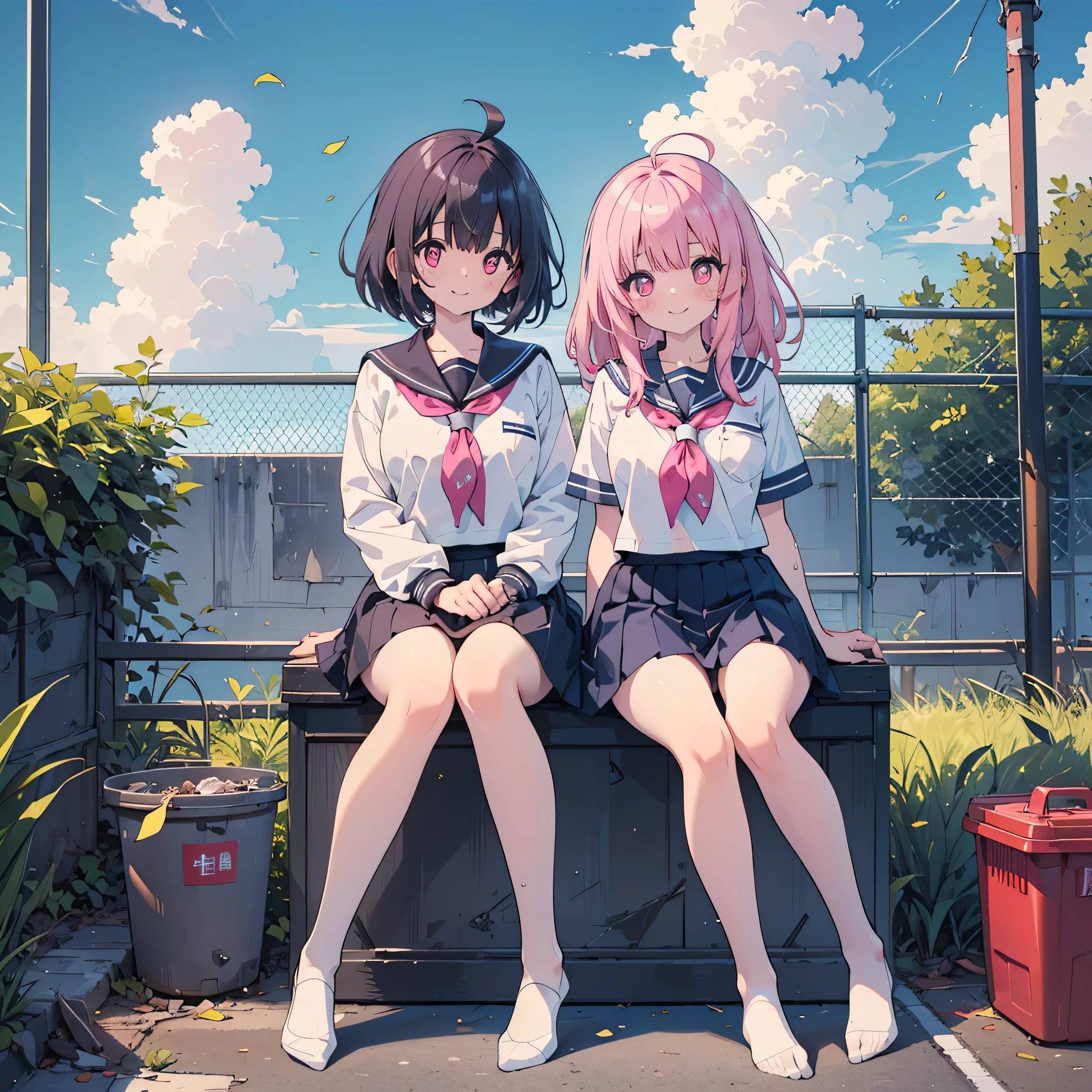(2 people),(Best image quality, 8k, masterpiece:1.3), (high school student:1.5), ((Pink lob hair:1.1)), (Bobcut),(流したbangs), (Cute eyes, Dark Eyes, Iris Sky Blue, like々funny Face), (Standard weight), (Small breasts), (Glowing Skin:1.3),(Pale skin:1.2),(Sweaty skin:1.2),(smile),break (Crystal Tree), (flying debris), (Highest quality), Very detailed, Focus Only,dynamic,((smile)),Perfect Face, 美funny Face, Very detailedな顔,(Pink long hair_Pink Eyes:1.3),uniform、smile,Large Breasts,smile,2 peopleの, ((masterpiece, Highest quality)),, skirt, null, Sitting, cloud,Outdoor, neckerchief ,Day, bangs, fence, shirt, Ahoge, rooftop, 白いuniform, white Sailor collar,blue eyes, Sailor collar, blue null,white shirt, View your viewers, chain-link fence, cloudy null, trash can, Pleats,No shoes