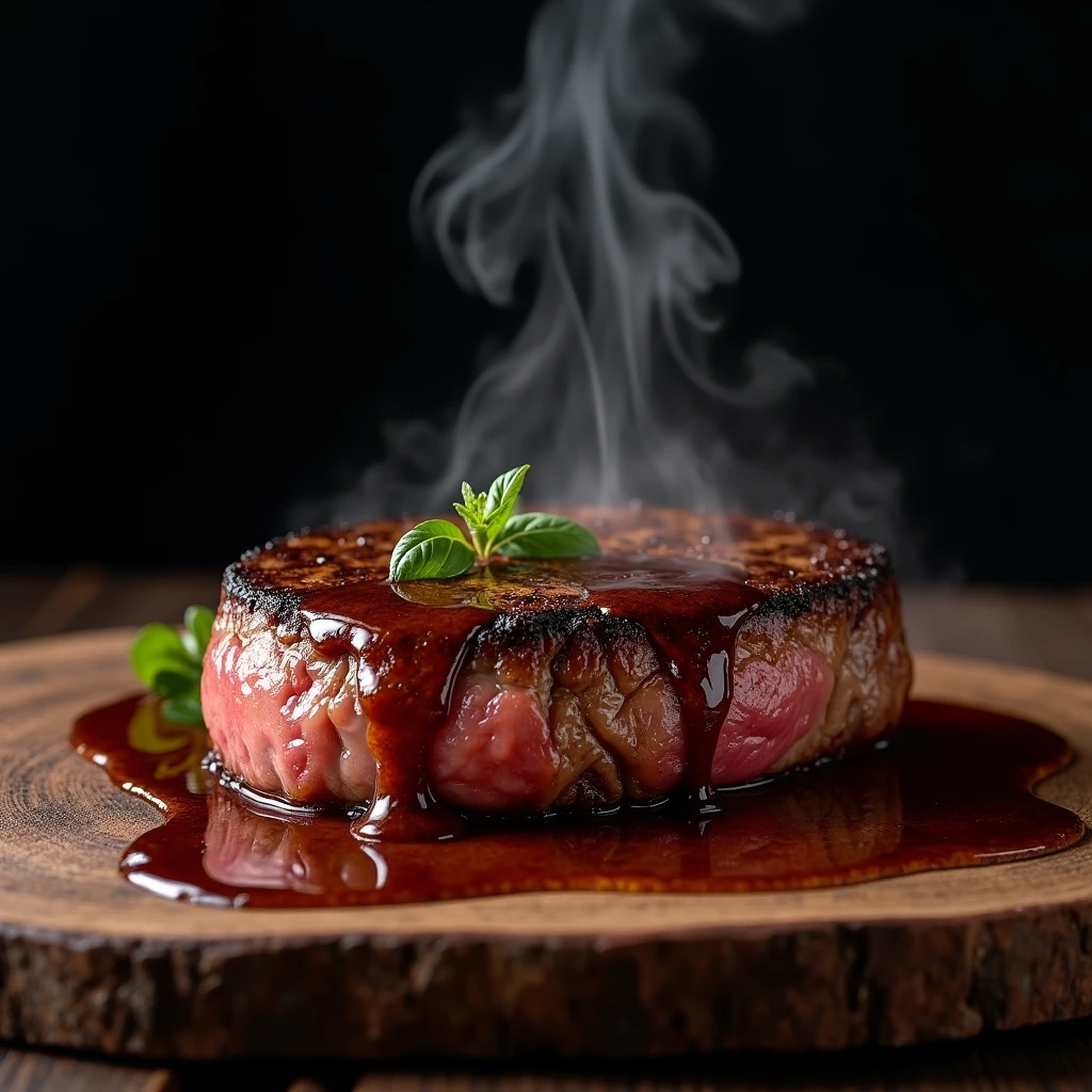 Steak recipe clean picture realistic food, steaming hot, peppercorn sauce on top of the steak and dripping off the side of the steak, on rustic wood floor, placed on a dark background, medium contrast