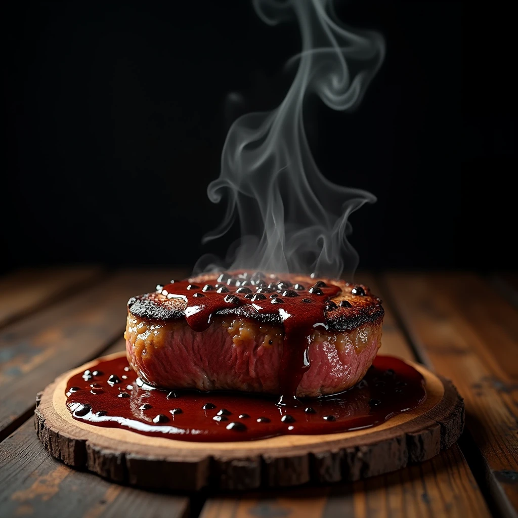 Steak recipe clean picture realistic food, steaming hot, peppercorn sauce on top of the steak and dripping off the side of the steak, on rustic wood floor, placed on a dark background, medium contrast